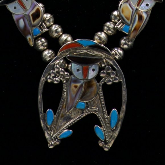 Vintage PW Natewa Signed Zuni Owl Inlay Squash Blossom - Picture 1 of 5